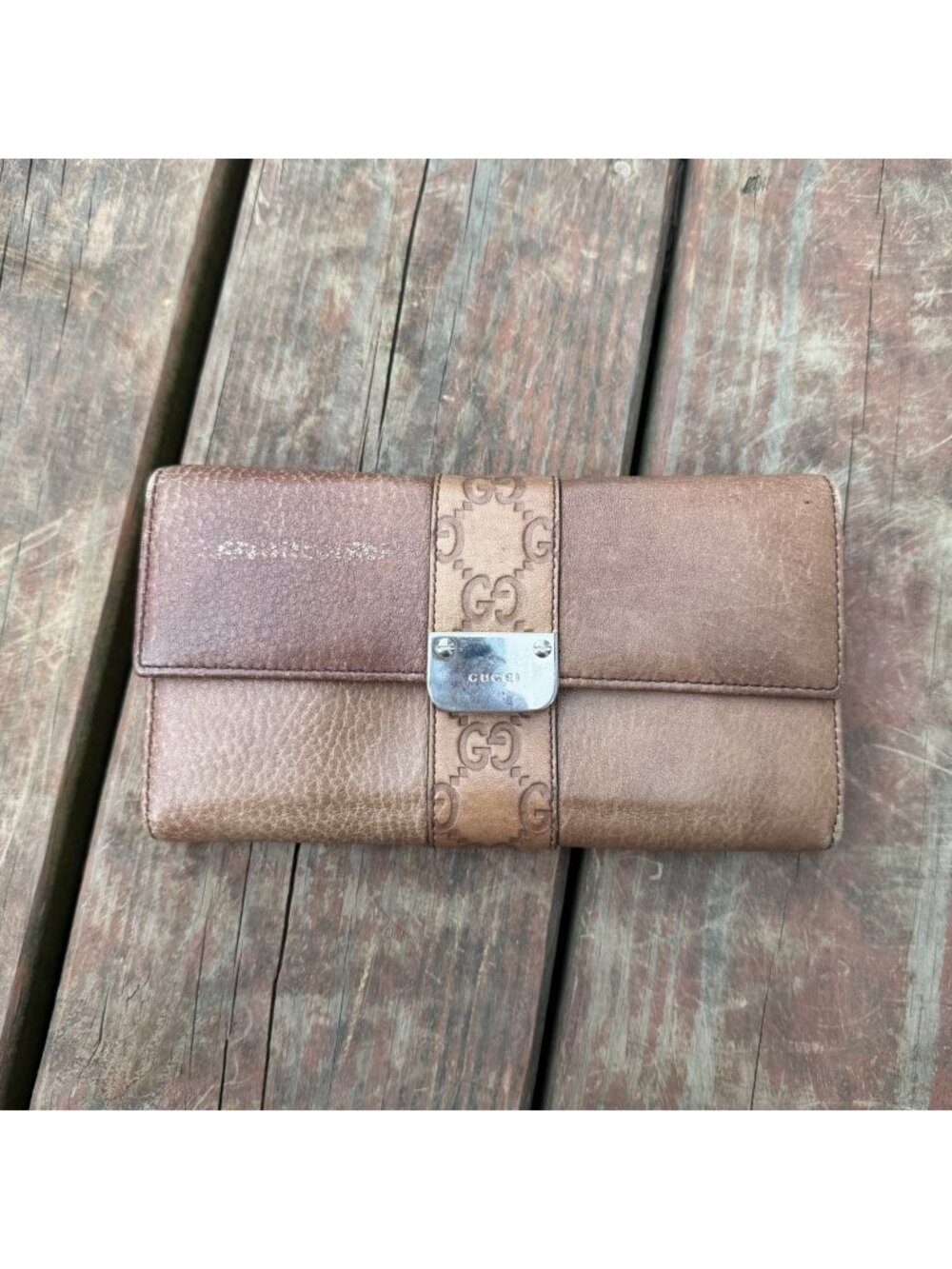 Gucci‎ Brown Leather GG Monogram Wallet With Silver Hardware
